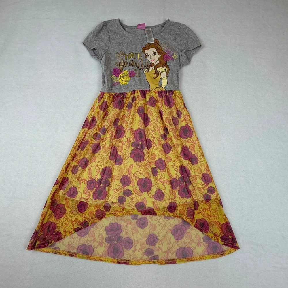 Disney Princess Belle Dress Kids Girls M 7-8 Grey Yellow High-Low Rose Mesh